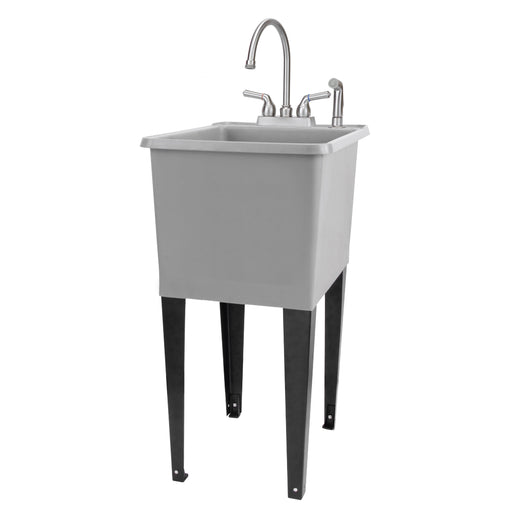 Tehila Space Saver Freestanding Grey Utility Sink with Stainless Steel Finish Gooseneck Faucet and Side Sprayer - Sweatfully