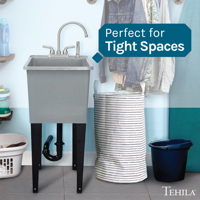 Tehila Space Saver Freestanding Grey Utility Sink with Stainless Steel Finish Gooseneck Faucet and Side Sprayer - Sweatfully