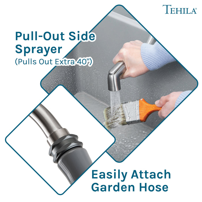 Tehila Space Saver Freestanding Grey Utility Sink with Stainless Steel Finish Gooseneck Faucet and Side Sprayer - Sweatfully
