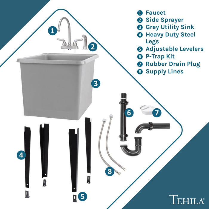 Tehila Space Saver Freestanding Grey Utility Sink with Stainless Steel Finish Gooseneck Faucet and Side Sprayer - Sweatfully