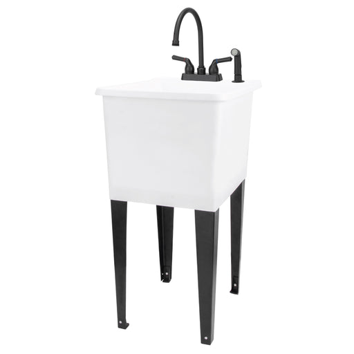 Tehila Space Saver Freestanding White Utility Sink with Black Finish Gooseneck Faucet and Side Sprayer - Sweatfully
