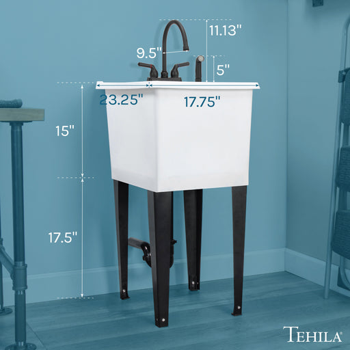 Tehila Space Saver Freestanding White Utility Sink with Black Finish Gooseneck Faucet and Side Sprayer - Sweatfully