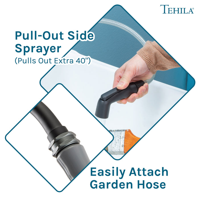 Tehila Space Saver Freestanding White Utility Sink with Black Finish Gooseneck Faucet and Side Sprayer - Sweatfully