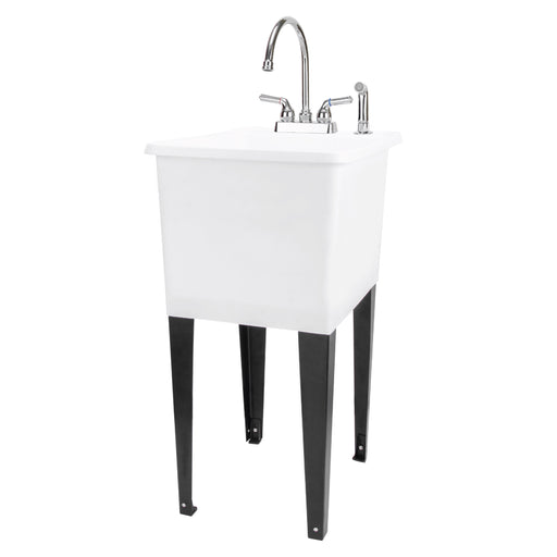 Tehila Space Saver Freestanding White Utility Sink with Chrome Finish Gooseneck Faucet and Side Sprayer - Sweatfully