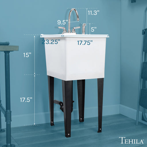 Tehila Space Saver Freestanding White Utility Sink with Chrome Finish Gooseneck Faucet and Side Sprayer - Sweatfully