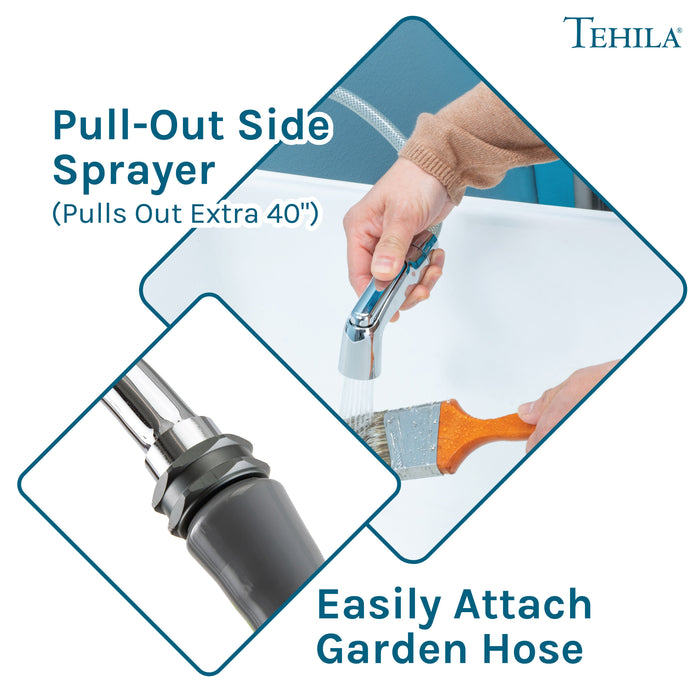 Tehila Space Saver Freestanding White Utility Sink with Chrome Finish Gooseneck Faucet and Side Sprayer - Sweatfully