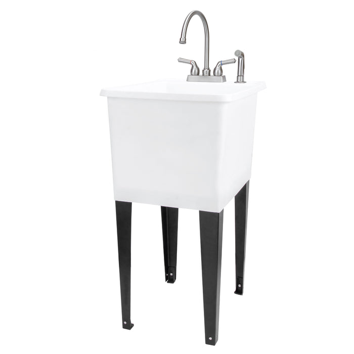 Tehila Space Saver Freestanding White Utility Sink with Stainless Steel Finish Gooseneck Faucet and Side Sprayer - Sweatfully