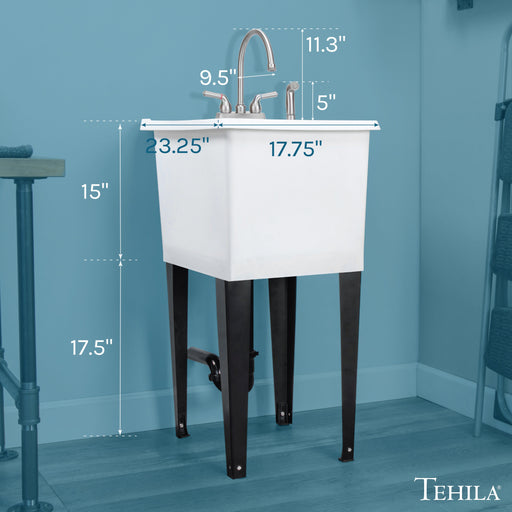 Tehila Space Saver Freestanding White Utility Sink with Stainless Steel Finish Gooseneck Faucet and Side Sprayer - Sweatfully