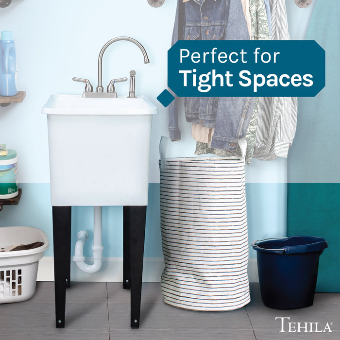 Tehila Space Saver Freestanding White Utility Sink with Stainless Steel Finish Gooseneck Faucet and Side Sprayer - Sweatfully