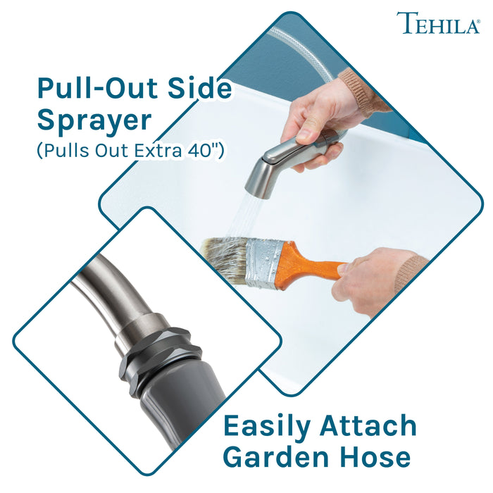 Tehila Space Saver Freestanding White Utility Sink with Stainless Steel Finish Gooseneck Faucet and Side Sprayer - Sweatfully