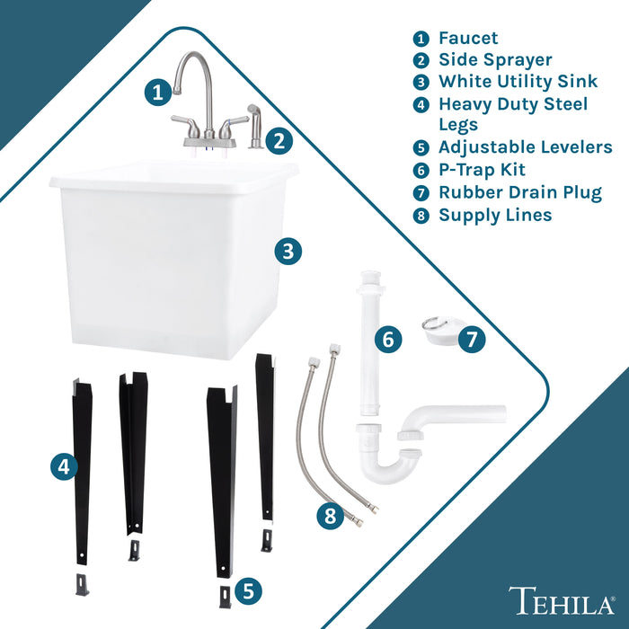 Tehila Space Saver Freestanding White Utility Sink with Stainless Steel Finish Gooseneck Faucet and Side Sprayer - Sweatfully
