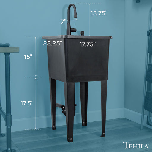 Tehila Space Saver Freestanding Black Utility Sink with Black Finish Low-Profile Pull-Down Faucet - Sweatfully