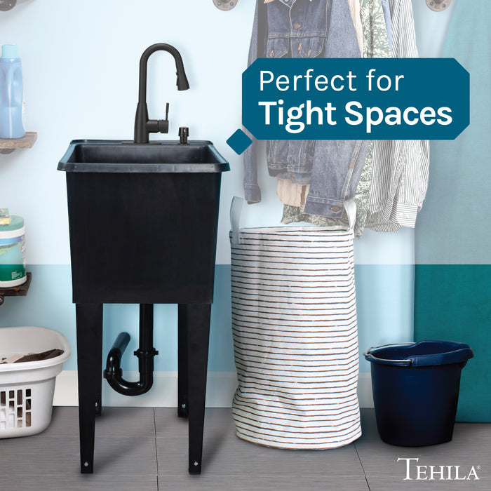 Tehila Space Saver Freestanding Black Utility Sink with Black Finish Low-Profile Pull-Down Faucet - Sweatfully