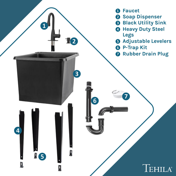 Tehila Space Saver Freestanding Black Utility Sink with Black Finish Low-Profile Pull-Down Faucet - Sweatfully