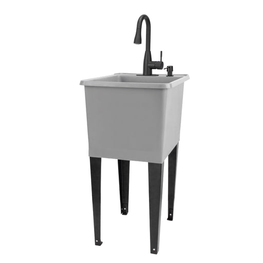 Tehila Space Saver Freestanding Grey Utility Sink with Black Finish Low-Profile Pull-Down Faucet - Sweatfully