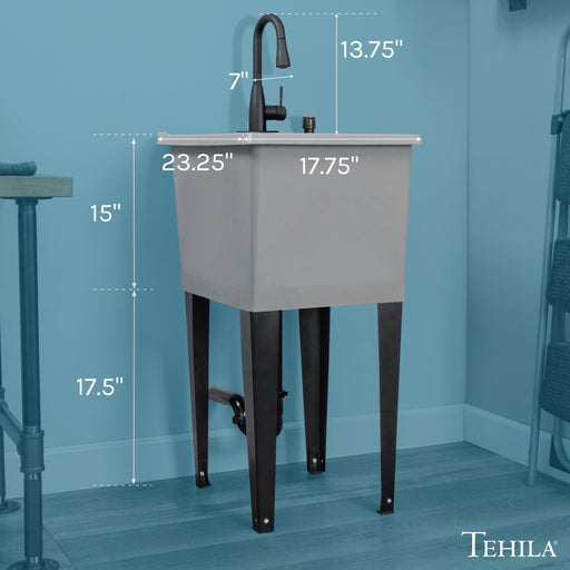 Tehila Space Saver Freestanding Grey Utility Sink with Black Finish Low-Profile Pull-Down Faucet - Sweatfully