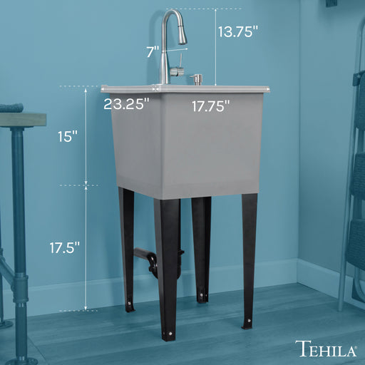 Tehila Space Saver Freestanding Grey Utility Sink with Stainless Steel Finish Low-Profile Pull-Down Faucet - Sweatfully