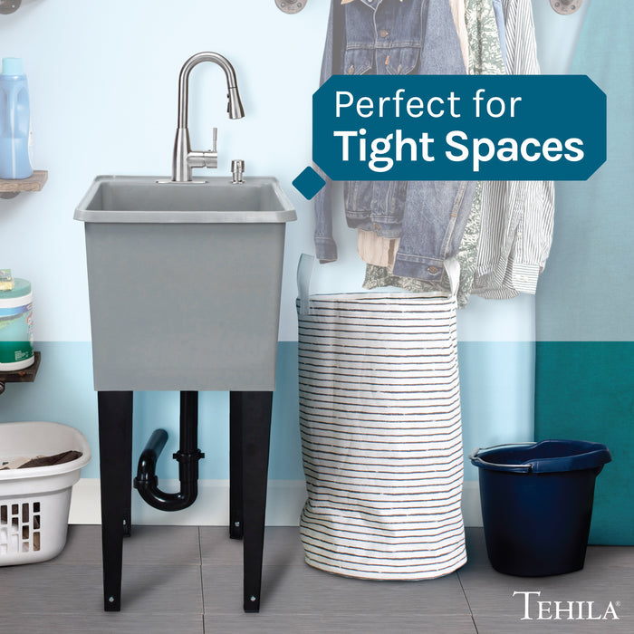 Tehila Space Saver Freestanding Grey Utility Sink with Stainless Steel Finish Low-Profile Pull-Down Faucet - Sweatfully