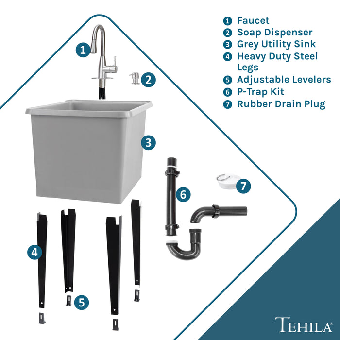 Tehila Space Saver Freestanding Grey Utility Sink with Stainless Steel Finish Low-Profile Pull-Down Faucet - Sweatfully