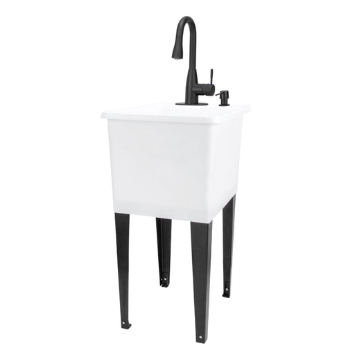 Tehila Space Saver Freestanding White Utility Sink with Black Finish Low-Profile Pull-Down Faucet - Sweatfully