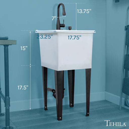 Tehila Space Saver Freestanding White Utility Sink with Black Finish Low-Profile Pull-Down Faucet - Sweatfully