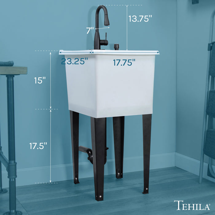 Tehila Space Saver Freestanding White Utility Sink with Black Finish Low-Profile Pull-Down Faucet - Sweatfully