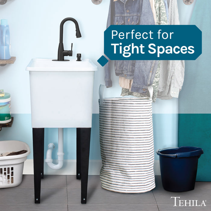 Tehila Space Saver Freestanding White Utility Sink with Black Finish Low-Profile Pull-Down Faucet - Sweatfully