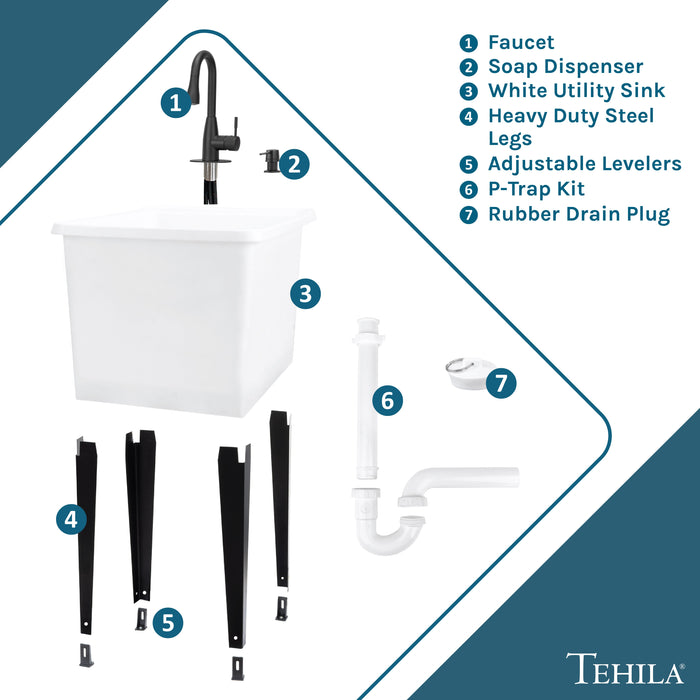Tehila Space Saver Freestanding White Utility Sink with Black Finish Low-Profile Pull-Down Faucet - Sweatfully