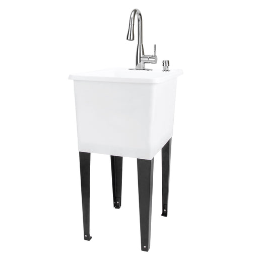 Tehila Space Saver Freestanding White Utility Sink with Chrome Finish Low-Profile Pull-Down Faucet - Sweatfully