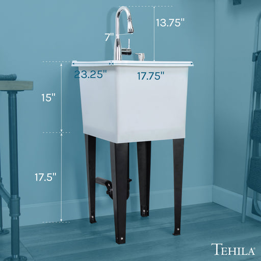 Tehila Space Saver Freestanding White Utility Sink with Chrome Finish Low-Profile Pull-Down Faucet - Sweatfully