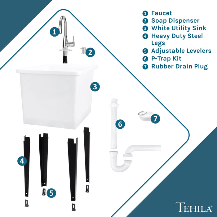 Tehila Space Saver Freestanding White Utility Sink with Chrome Finish Low-Profile Pull-Down Faucet - Sweatfully