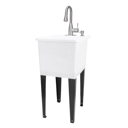 Tehila Space Saver Freestanding White Utility Sink with Stainless Steel Finish Low-Profile Pull-Down Faucet - Sweatfully