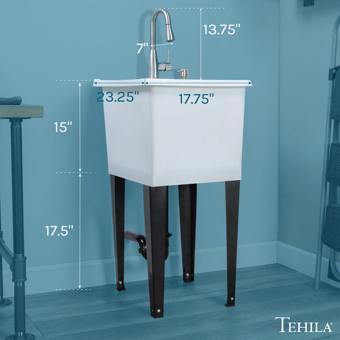 Tehila Space Saver Freestanding White Utility Sink with Stainless Steel Finish Low-Profile Pull-Down Faucet - Sweatfully