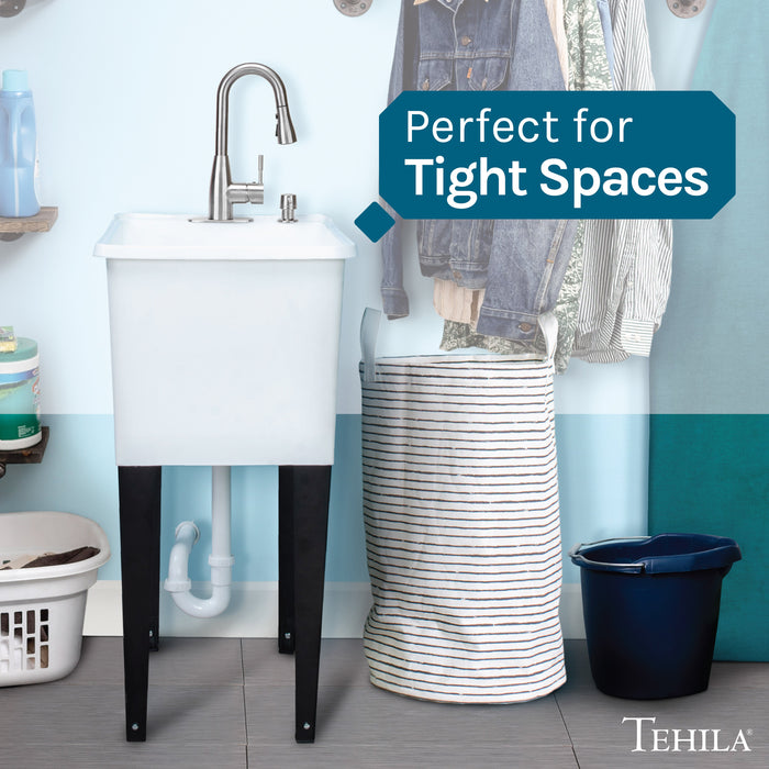 Tehila Space Saver Freestanding White Utility Sink with Stainless Steel Finish Low-Profile Pull-Down Faucet - Sweatfully