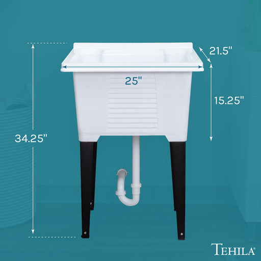 Tehila Luxe Freestanding White Utility Sink with Drainage Kit, No Supply Lines, No Strainer Basket - Sweatfully