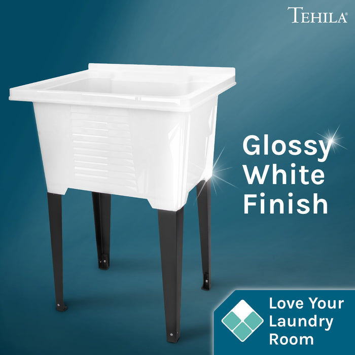 Tehila Luxe Freestanding White Utility Sink with Drainage Kit, No Supply Lines, No Strainer Basket - Sweatfully