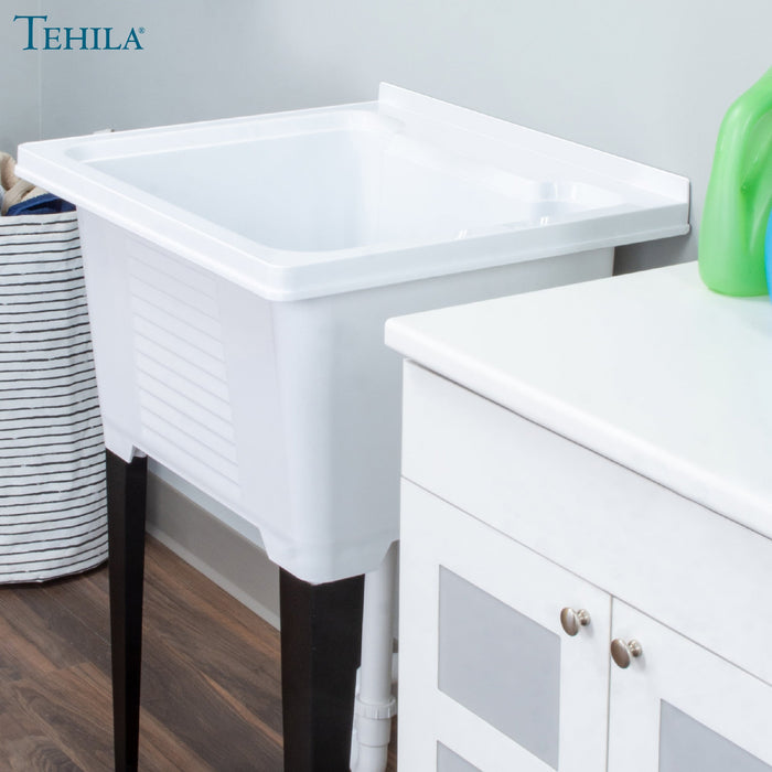 Tehila Luxe Freestanding White Utility Sink with Drainage Kit, No Supply Lines, No Strainer Basket - Sweatfully