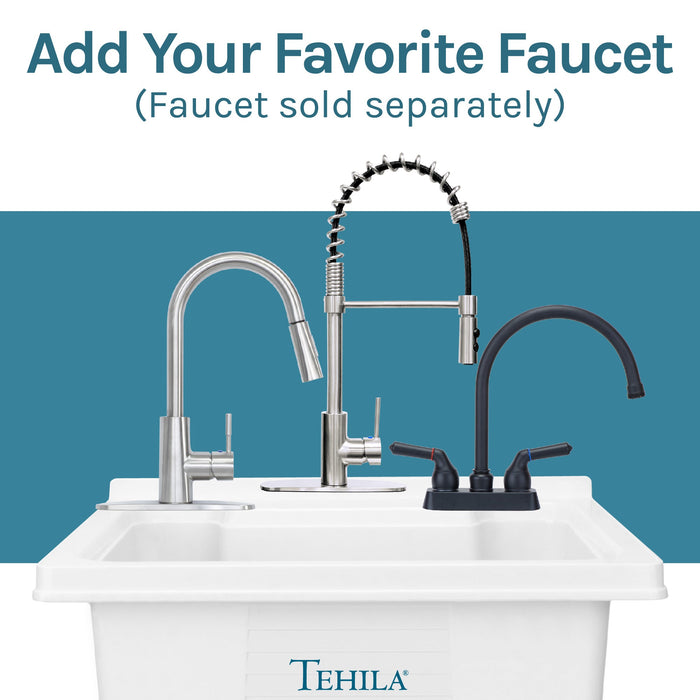 Tehila Luxe Freestanding White Utility Sink with Drainage Kit, No Supply Lines, No Strainer Basket - Sweatfully