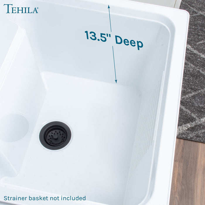 Tehila Luxe Freestanding White Utility Sink with Drainage Kit, No Supply Lines, No Strainer Basket - Sweatfully