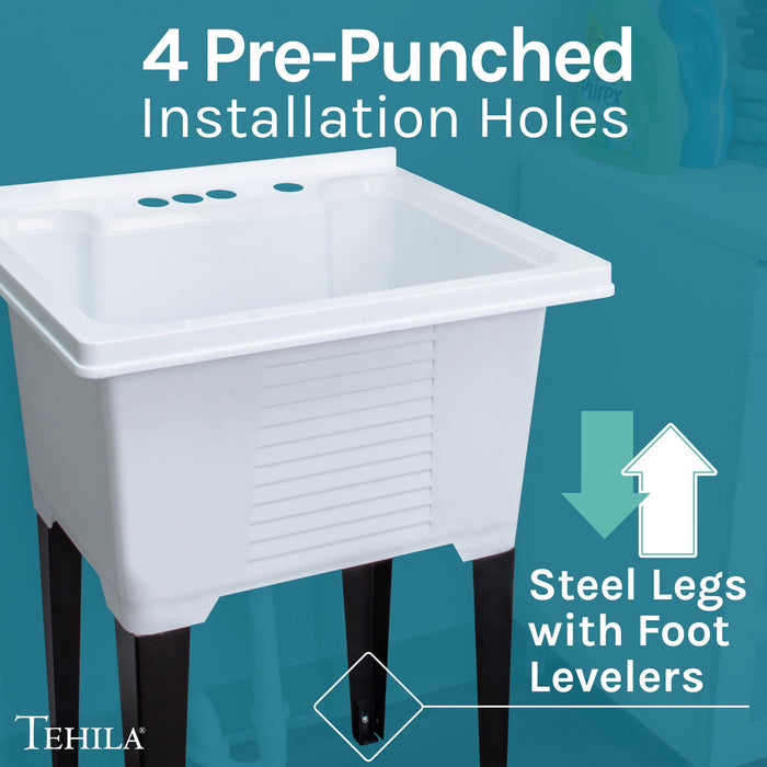 Tehila Luxe Freestanding White Utility Sink with Drainage Kit, No Supply Lines, No Strainer Basket - Sweatfully