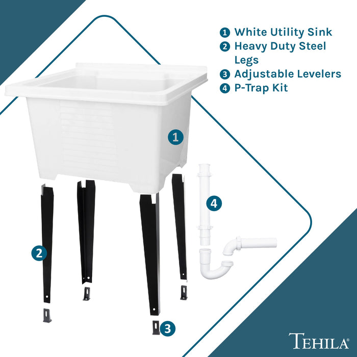 Tehila Luxe Freestanding White Utility Sink with Drainage Kit, No Supply Lines, No Strainer Basket - Sweatfully