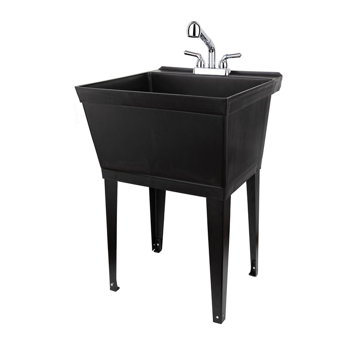 Tehila Standard Freestanding Black Utility Sink with Chrome Finish Pull-Out Faucet - Sweatfully