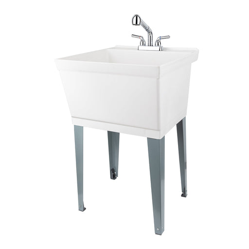 Tehila Standard Freestanding White Utility Sink with Chrome Finish Pull-Out Faucet - Sweatfully