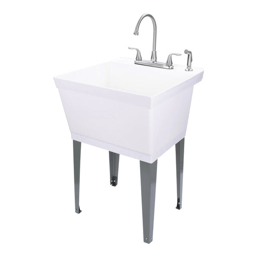 Tehila Standard Freestanding White Utility Sink with Grey Legs and Stainless Steel Finish Wide-set Gooseneck Faucet with Side Sprayer - Sweatfully