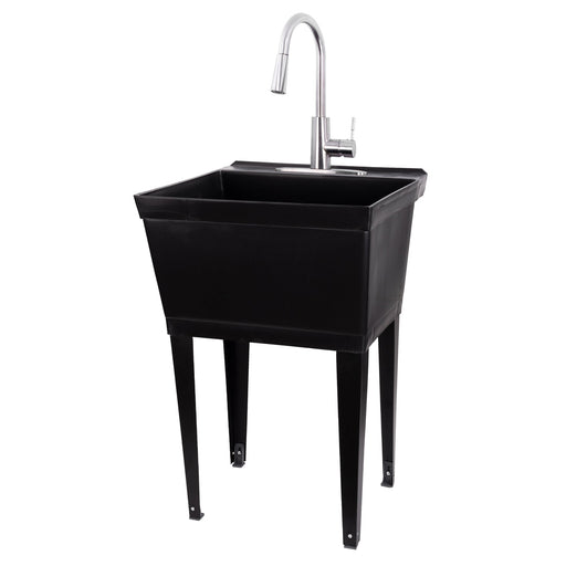Tehila Standard Freestanding Black Utility Sink with Stainless Steel Finish High-Arc Pull-Down Faucet - Sweatfully