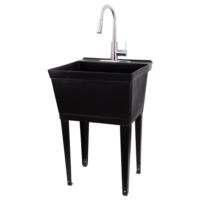 Tehila Standard Freestanding Black Utility Sink with Stainless Steel Finish High-Arc Pull-Down Faucet - Sweatfully