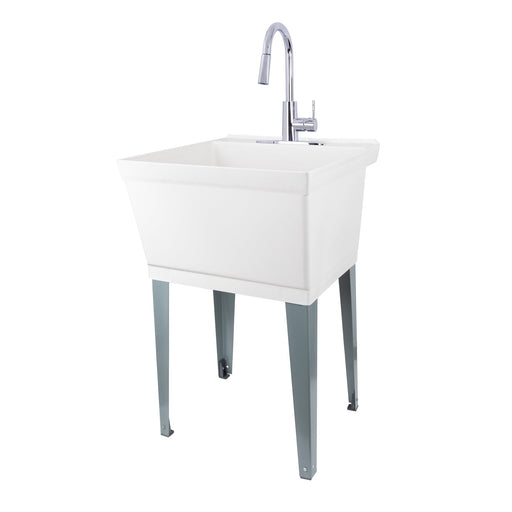 Tehila Standard Freestanding White Utility Sink with Chrome Finish High-Arc Pull-Down Faucet - Sweatfully
