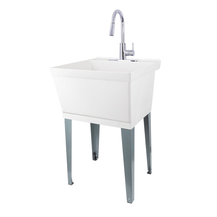 Tehila Standard Freestanding White Utility Sink with Chrome Finish High-Arc Pull-Down Faucet - Sweatfully
