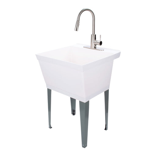 Tehila Standard Freestanding White Utility Sink with Stainless Steel Finish High-Arc Pull-Down Faucet - Sweatfully