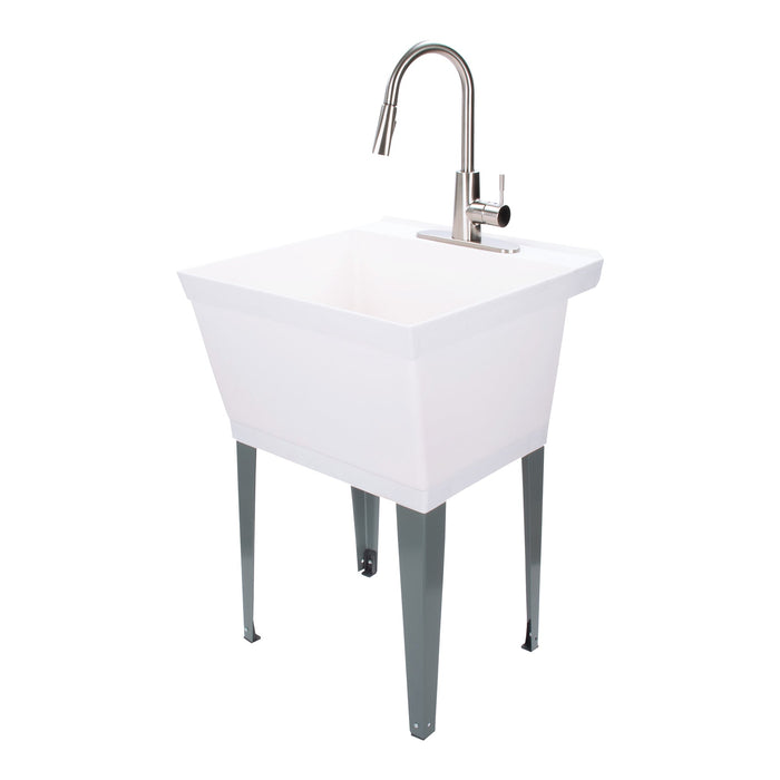 Tehila Standard Freestanding White Utility Sink with Stainless Steel Finish High-Arc Pull-Down Faucet - Sweatfully